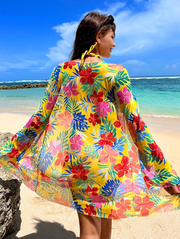 SHEIN Swim Vcay Tropical Print Halter Triangle Bikini Swimsuit With