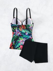 Tropical Print Tankini Set Push Up Underwire Swim Cami Top & Shorts 2 Piece Bathing Suit, For Summer Beach Vacation - Black - View 2