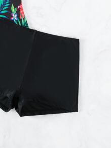 Tropical Print Tankini Set Push Up Underwire Swim Cami Top & Shorts 2 Piece Bathing Suit, For Summer Beach Vacation - Black - View 3