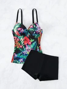 Tropical Print Tankini Set Push Up Underwire Swim Cami Top & Shorts 2 Piece Bathing Suit, For Summer Beach Vacation - Black - View 5