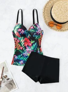 Tropical Print Tankini Set Push Up Underwire Swim Cami Top & Shorts 2 Piece Bathing Suit, For Summer Beach Vacation - Black - View 6