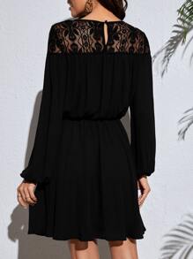 SHEIN Tall Vestido con encaje en contraste de manga farol - Negro - Ver 2
