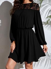 SHEIN Tall Vestido con encaje en contraste de manga farol - Negro - Ver 4