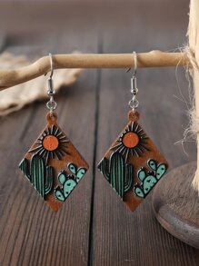 1pair Western Style Geometric Diamond Shaped Wooden Pattern Dangle Earrings Vintage Accessory - Multicolor - View 1