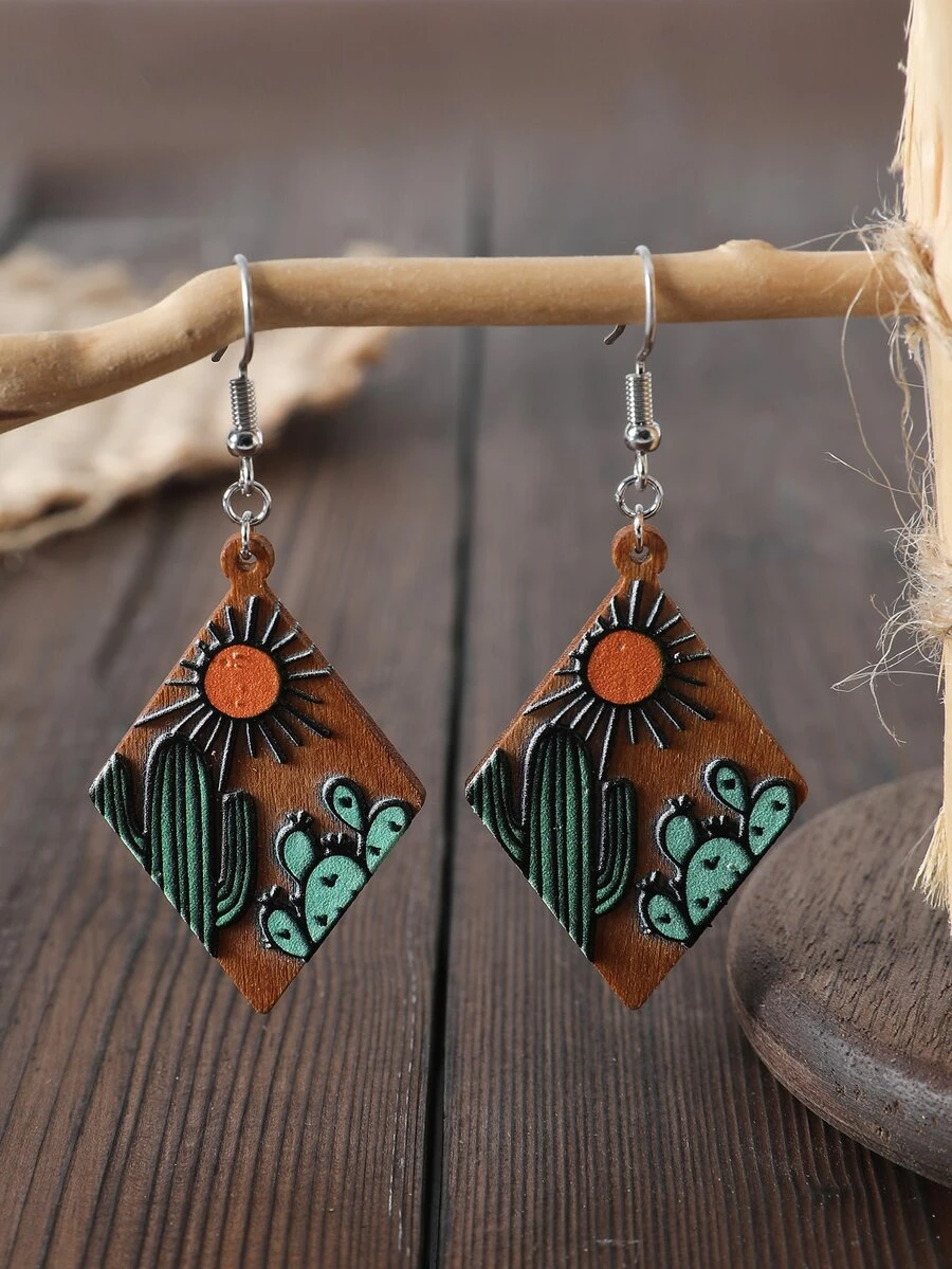 1pair Western Style Geometric Diamond Shaped Wooden Pattern Dangle Earrings Vintage Accessory - Multicolor - View 1