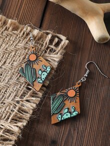1pair Western Style Geometric Diamond Shaped Wooden Pattern Dangle Earrings Vintage Accessory - Multicolor - View 2