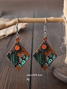 1pair Western Style Geometric Diamond Shaped Wooden Pattern Dangle Earrings Vintage Accessory - Multicolor - View 3
