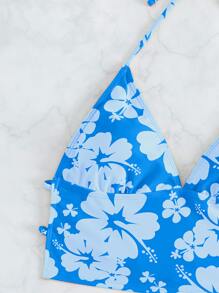 SHEIN Swim 印花坦基尼套裝吊脖三角形文胸和側抽繩泳衣下裝2入組泳衣