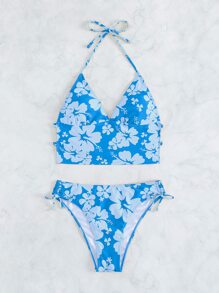 SHEIN Swim 印花坦基尼套裝吊脖三角形文胸和側抽繩泳衣下裝2入組泳衣
