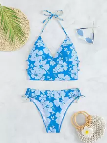 SHEIN Swim 印花坦基尼套裝吊脖三角形文胸和側抽繩泳衣下裝2入組泳衣