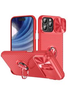 1pc Plain PC Phone Case With Ring Holder & Slide Camera Cover - Red - View 1