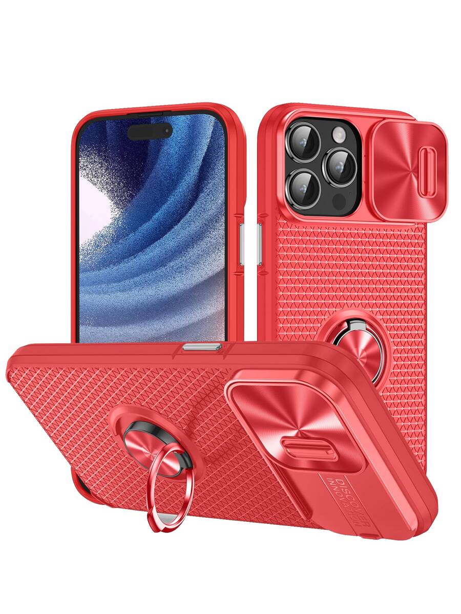 1pc Plain PC Phone Case With Ring Holder & Slide Camera Cover - Red - View 1