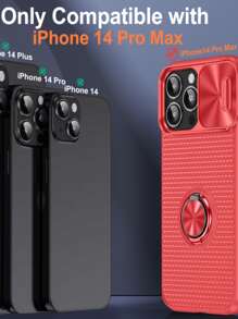 1pc Plain PC Phone Case With Ring Holder & Slide Camera Cover - Red - View 4