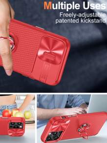 1pc Plain PC Phone Case With Ring Holder & Slide Camera Cover - Red - View 6