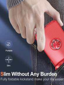 1pc Plain PC Phone Case With Ring Holder & Slide Camera Cover - Red - View 7