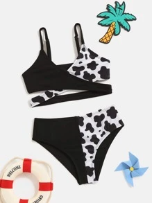 Young Girl Cow Print Wrap Bikini Set Summer Beach - Black and White - View 1