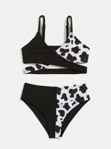 Young Girl Cow Print Wrap Bikini Set Summer Beach - Black and White - View 3