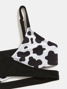 Young Girl Cow Print Wrap Bikini Set Summer Beach - Black and White - View 4