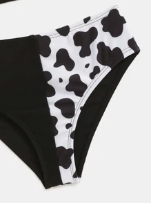 Young Girl Cow Print Wrap Bikini Set Summer Beach - Black and White - View 5