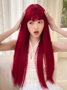 Tóc giả tổng hợp dài thẳng có tóc mái - Màu Đỏ Sâu - Xem 4
