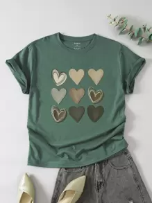 INAWLY Plus Heart Print Tee For Summer - Dark Green - View 1