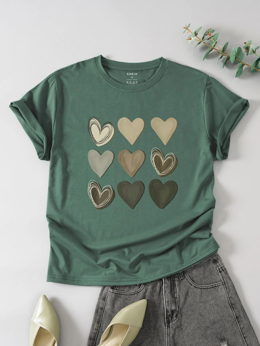 INAWLY Plus Heart Print Tee For Summer - Dark Green - View 1