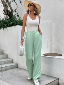 SHEIN Frenchy 素色斜口袋西裝褲 - 綠色 - 查看 6