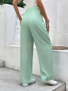 SHEIN Frenchy 素色斜口袋西裝褲 - 綠色 - 查看 2