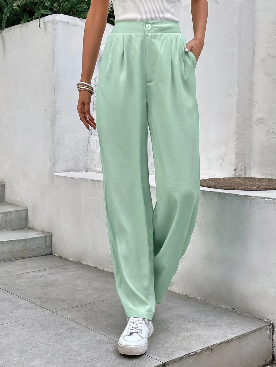 SHEIN Frenchy 素色斜口袋西裝褲 - 綠色 - 查看 1