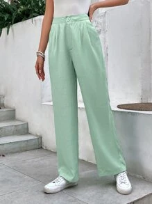 SHEIN Frenchy 素色斜口袋西裝褲 - 綠色 - 查看 4