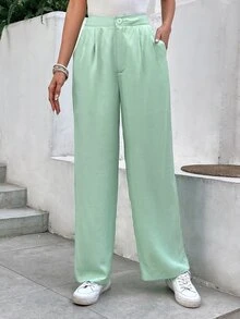 SHEIN Frenchy 素色斜口袋西裝褲 - 綠色 - 查看 5