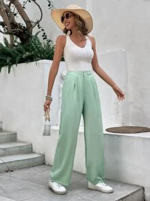 SHEIN Frenchy 素色斜口袋西裝褲 - 綠色 - 查看 3