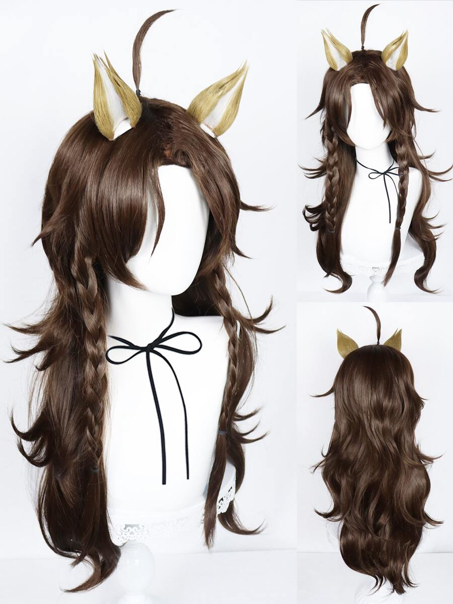 Peluca sintética cosplay largo ondulado con tupe - Marrón - Ver 1