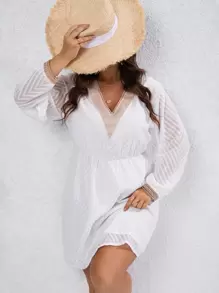 SHEIN VCAY Plus Contrast Mesh Lantern Sleeve Dress - White - View 1