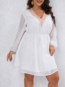 SHEIN VCAY Plus Contrast Mesh Lantern Sleeve Dress - White - View 3