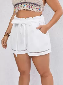 SHEIN VCAY Quần Short kích thước lớn Thắt lưng Tương phản ren Túi Quần paper-bag màu trơn Giải trí - trắng - Xem 1