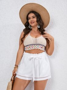 SHEIN VCAY Quần Short kích thước lớn Thắt lưng Tương phản ren Túi Quần paper-bag màu trơn Giải trí - trắng - Xem 3