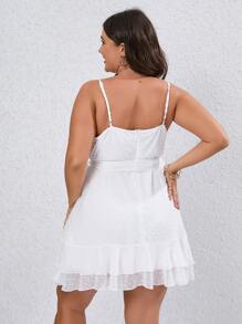 SHEIN VCAY Plus Swiss Dot Ruffle Trim Belted Cami Dress - White - View 2