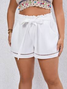 SHEIN VCAY Quần Short kích thước lớn Thắt lưng Tương phản ren Túi Quần paper-bag màu trơn Giải trí - trắng - Xem 5