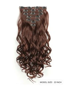 7 piezas Extensión del pelo con clip largo rizado sintético - Marrón - Ver 2