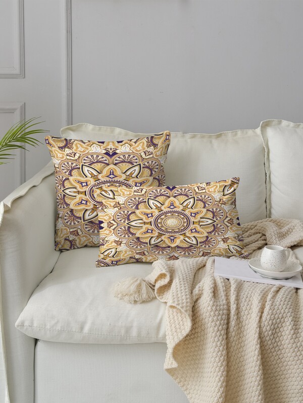 1pc Fabric Cushion Cover, Boho Mandala Pattern Decorative Throw Pillow Case Without Filler For Sofa