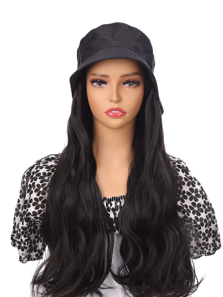 Long Body Wave Synthetic Wig With Hat - Black - View 1