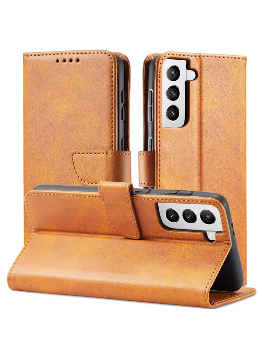 1个防摔手机壳，牛皮纹PU皮革翻盖，带卡槽和支架功能，兼容 6~15 Pro Max和三星S23 Ultra/A14，国际版，非国内版 - 卡其色 - 查看 1