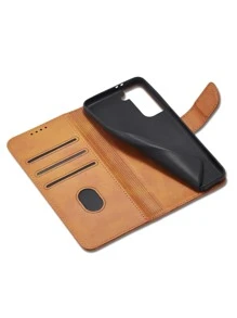 1个防摔手机壳，牛皮纹PU皮革翻盖，带卡槽和支架功能，兼容 6~15 Pro Max和三星S23 Ultra/A14，国际版，非国内版 - 卡其色 - 查看 3