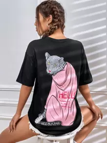 SHEIN Unity 豹纹落肩 T 恤 图案 T 恤 女式上衣 - 黑色 - 查看 3