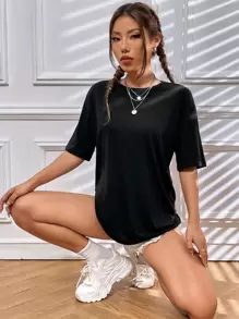 SHEIN Unity 豹纹落肩 T 恤 图案 T 恤 女式上衣 - 黑色 - 查看 4