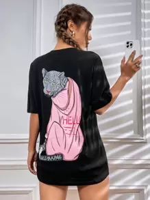 SHEIN Unity 豹纹落肩 T 恤 图案 T 恤 女式上衣 - 黑色 - 查看 5