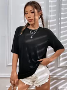 SHEIN Unity 豹纹落肩 T 恤 图案 T 恤 女式上衣 - 黑色 - 查看 6
