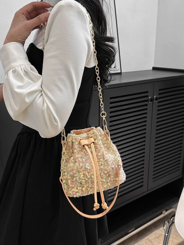 Mini Bucket Bag Sequins Decor Drawstring Chain Strap For Party