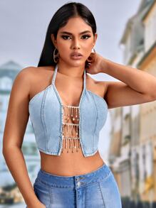 SHEIN Unity Chain Detail Crop Denim Halter Top - Light Wash - View 1